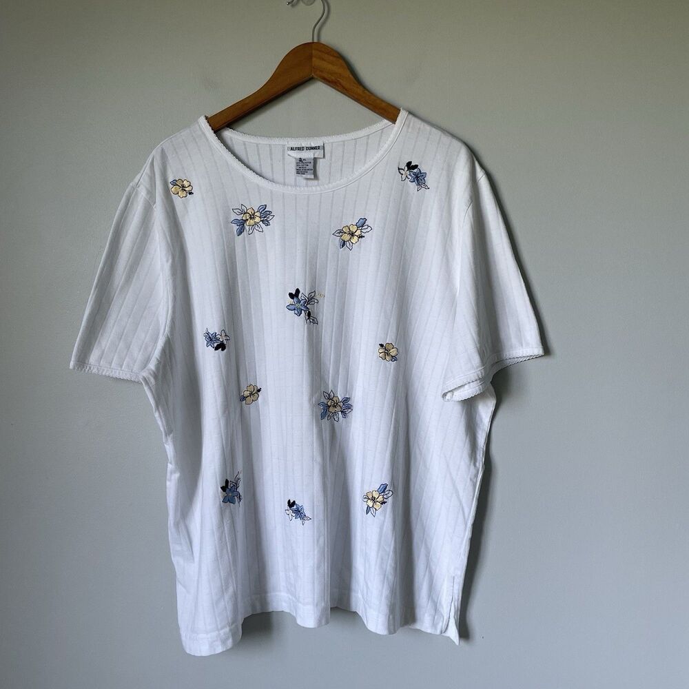 Alred Dunner Vtg. Shirt Blouse Embroidered Floral Print White Blue Women's 2XL